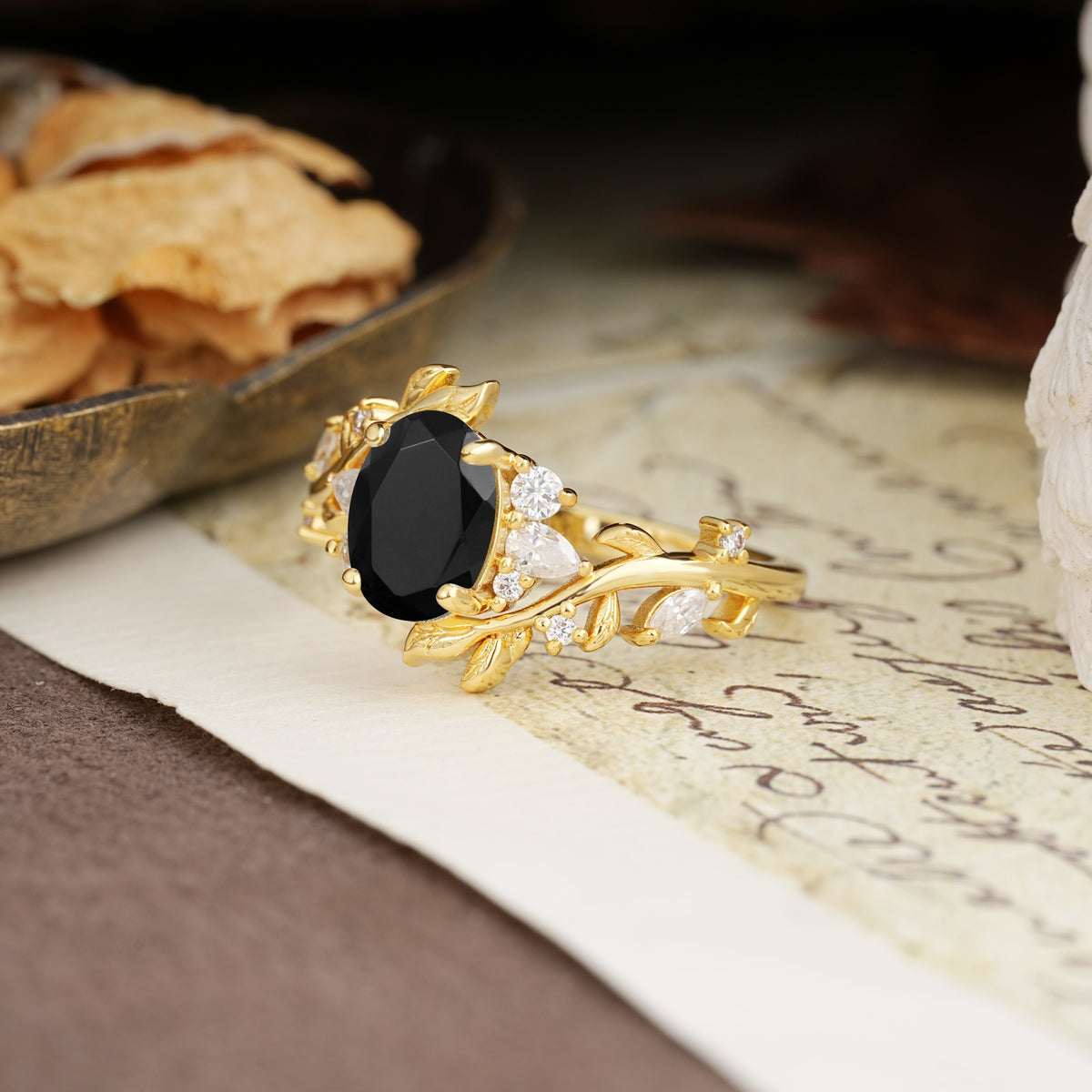 Nature-Inspired Unique Aphrodite's Garden Oval Cut Black Onyx Engagement Ring | RamaSoul - Additional view