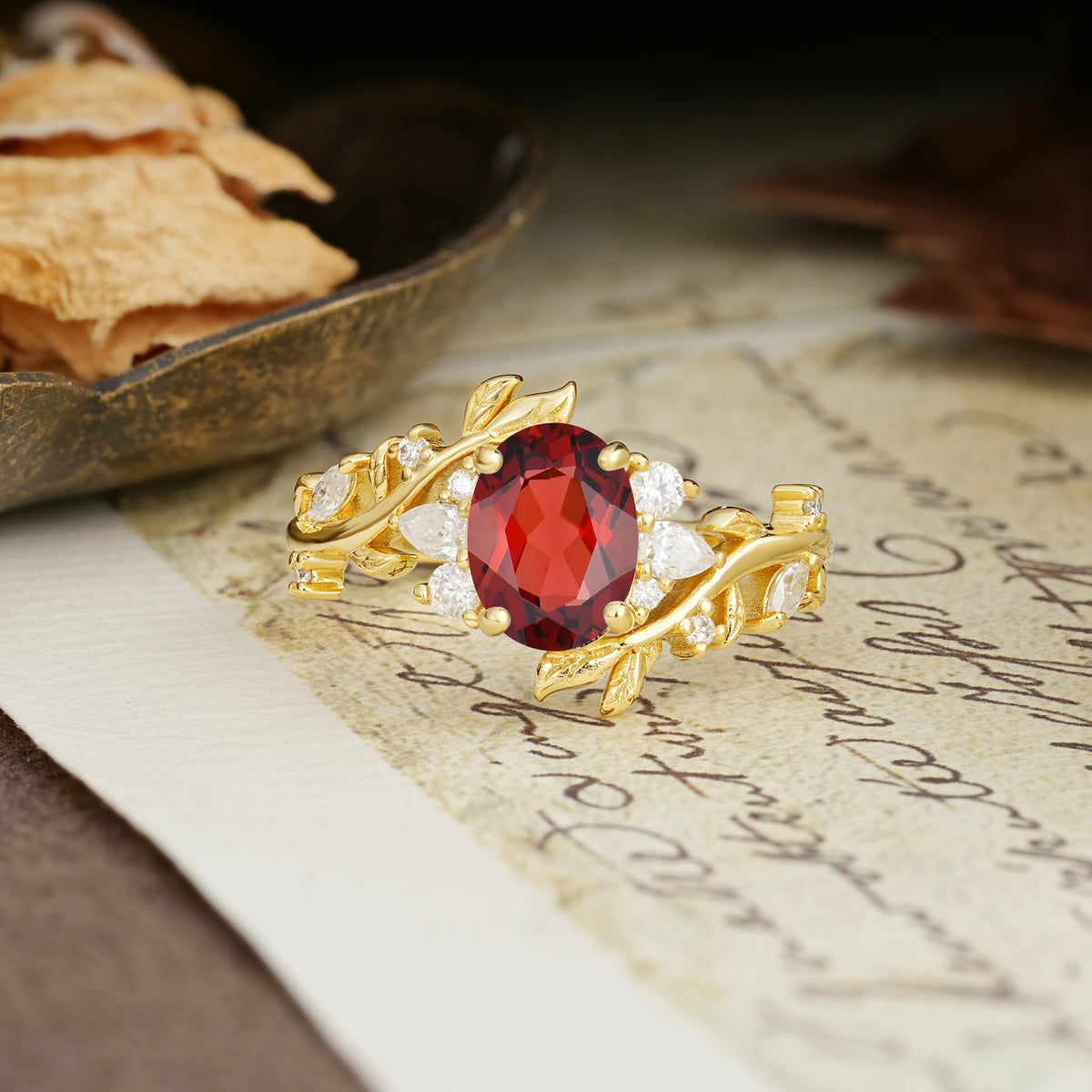 Nature-Inspired Unique Aphrodite's Garden Oval Cut Garnet Engagement Ring | RamaSoul - Additional view