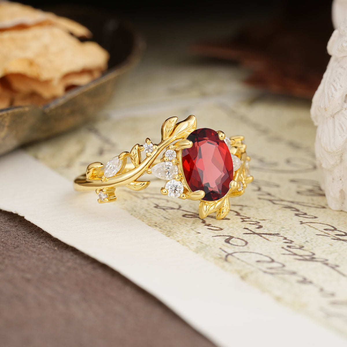 Nature-Inspired Unique Aphrodite's Garden Oval Cut Garnet Engagement Ring | RamaSoul - Additional view