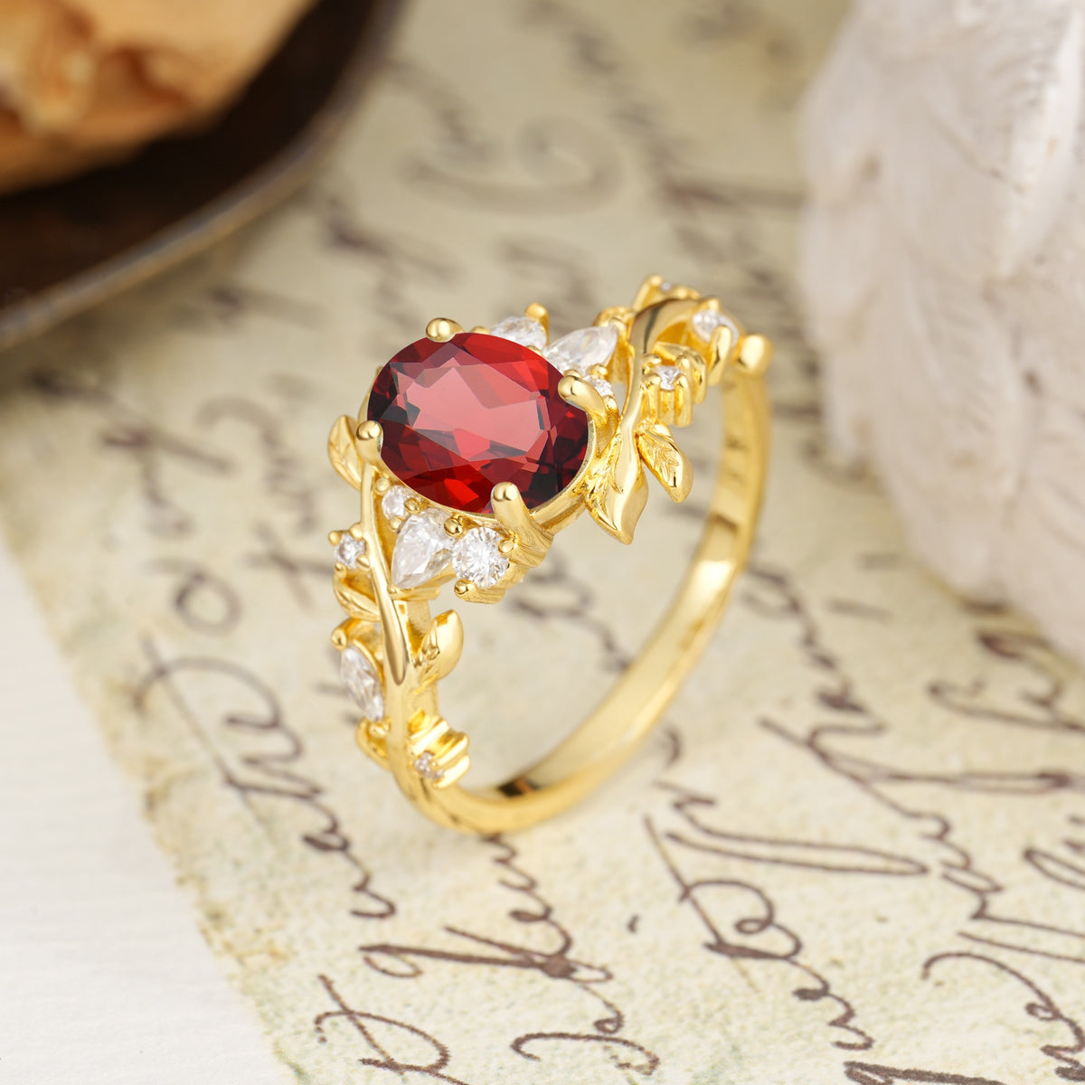 Nature-Inspired Unique Aphrodite's Garden Oval Cut Garnet Engagement Ring | RamaSoul - Additional view
