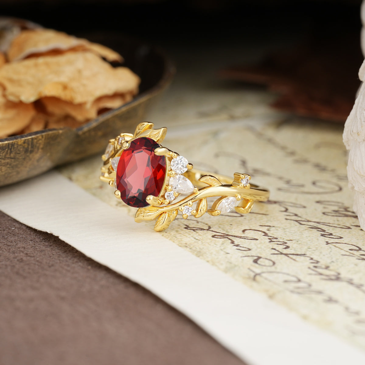 Nature-Inspired Unique Aphrodite's Garden Oval Cut Garnet Engagement Ring | RamaSoul - Additional view