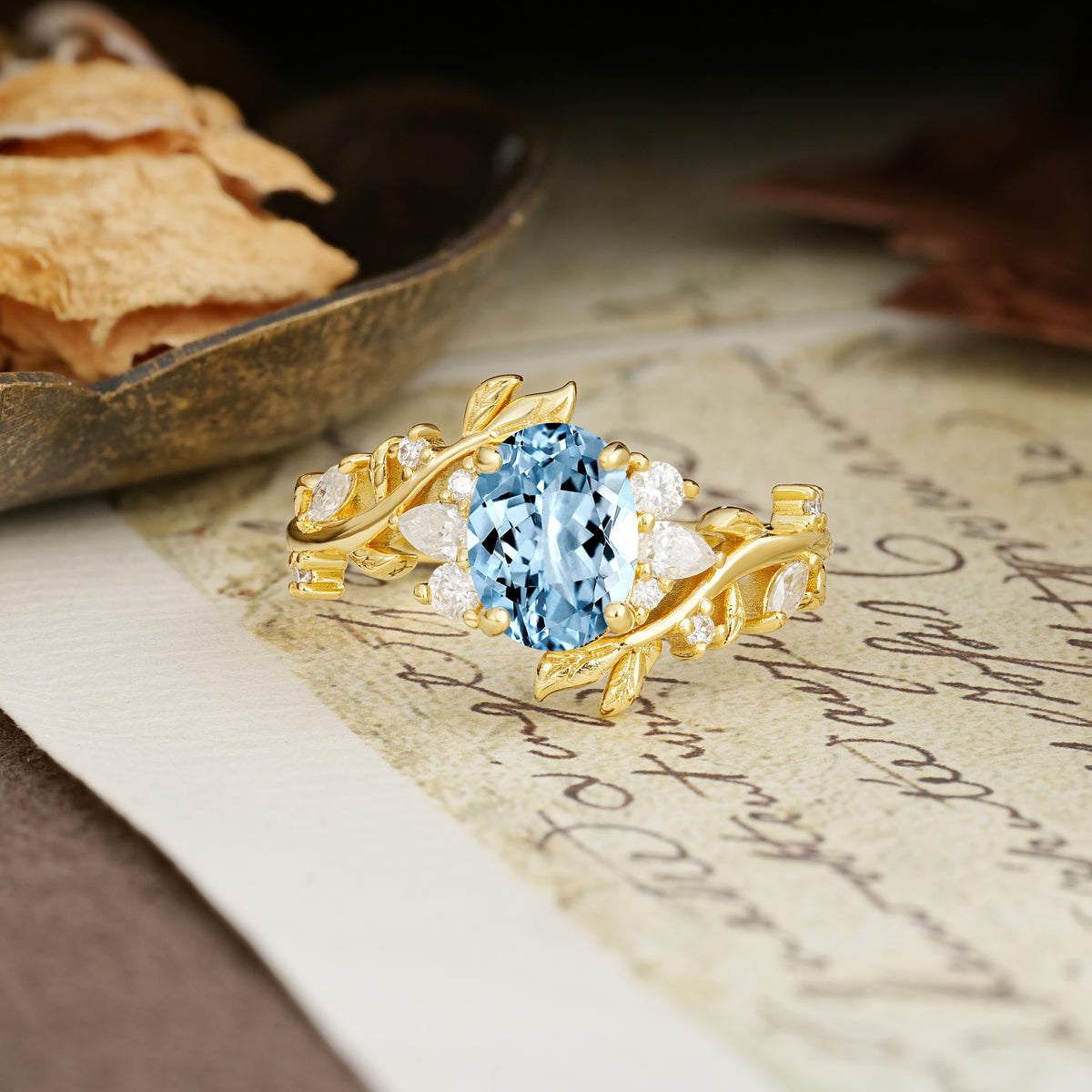 Nature-Inspired Unique Aphrodite's Garden Oval Cut Aquamarine Engagement Ring | RamaSoul - Additional view