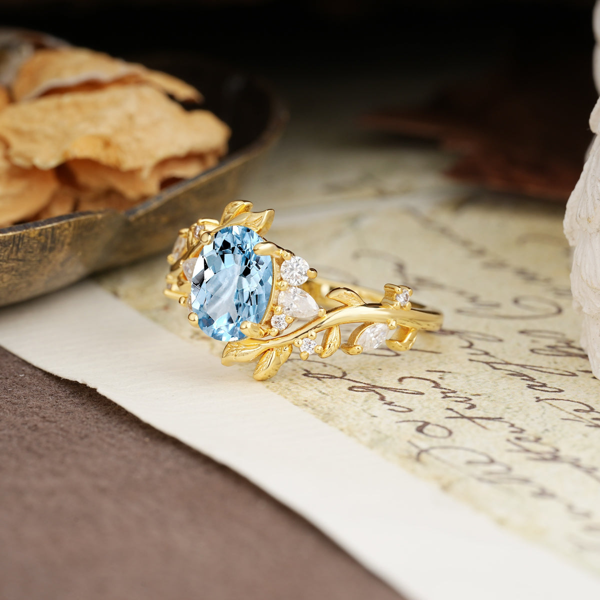 Nature-Inspired Unique Aphrodite's Garden Oval Cut Aquamarine Engagement Ring | RamaSoul - Additional view
