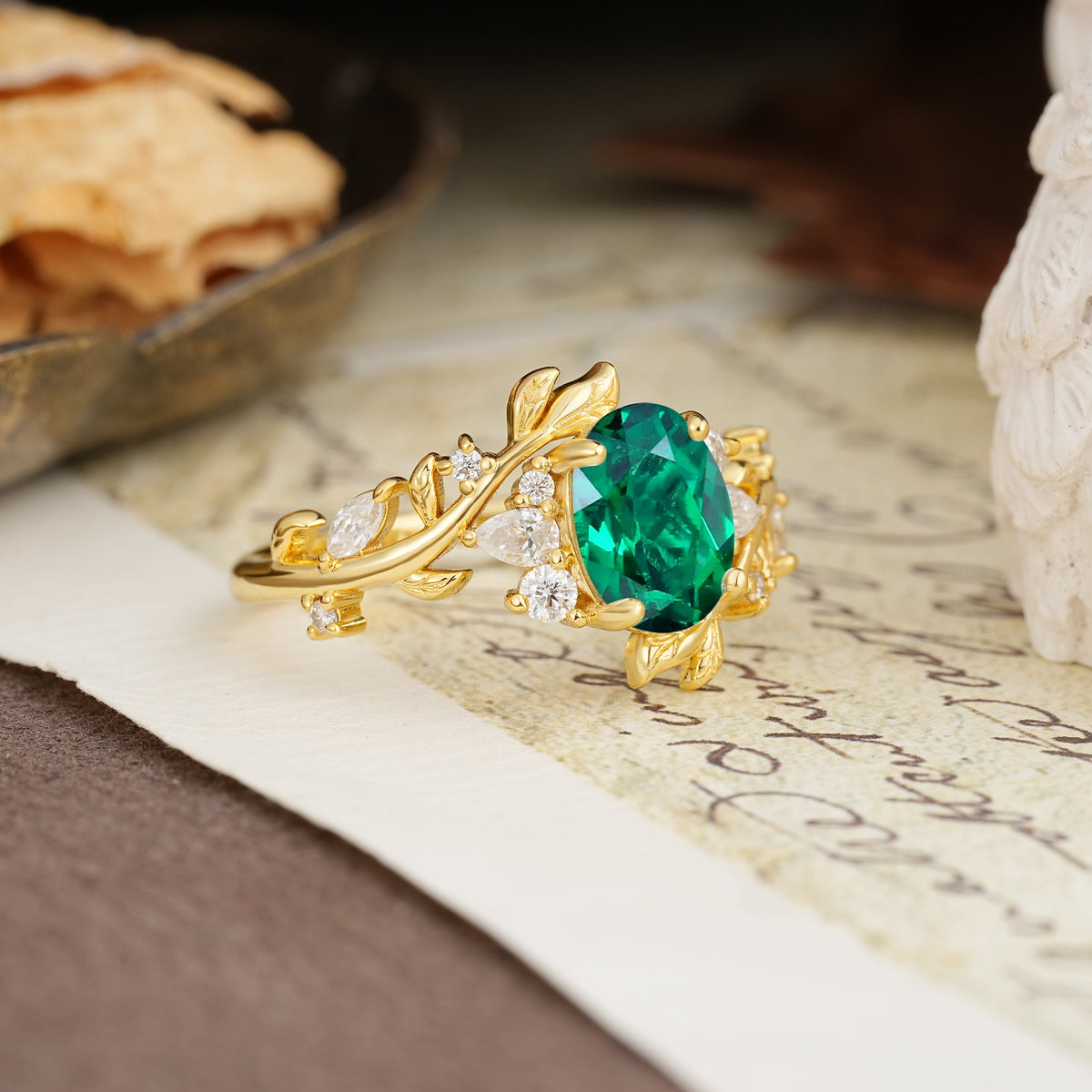 Nature-Inspired Unique Aphrodite's Garden Oval Cut Emerald Engagement Ring | RamaSoul - Additional view