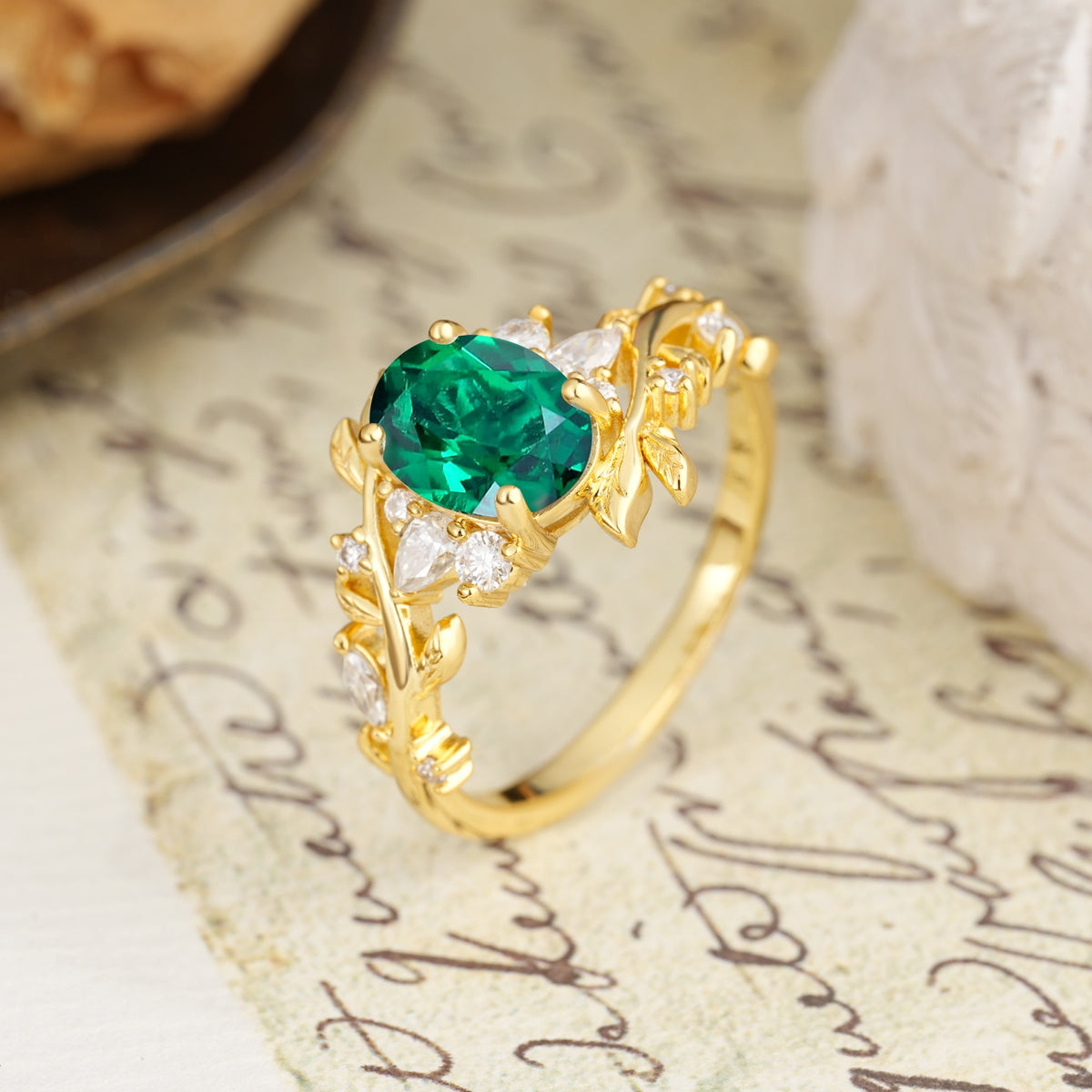 Nature-Inspired Unique Aphrodite's Garden Oval Cut Emerald Engagement Ring | RamaSoul - Additional view
