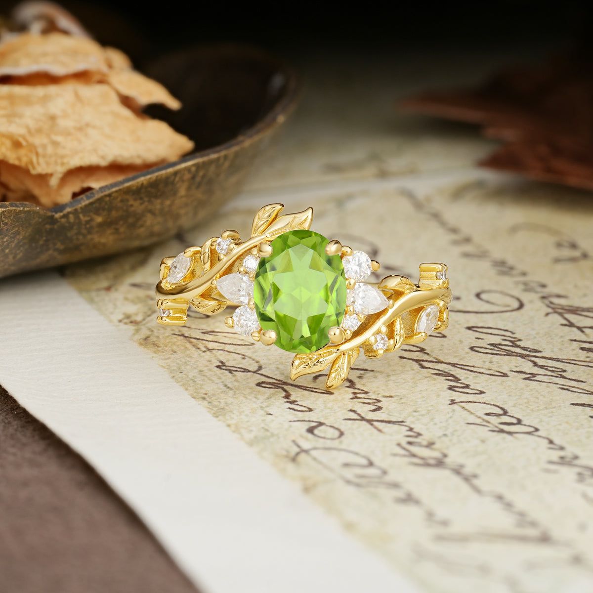 Nature-Inspired Unique Aphrodite's Garden Oval Cut Peridot Engagement Ring | RamaSoul - Additional view