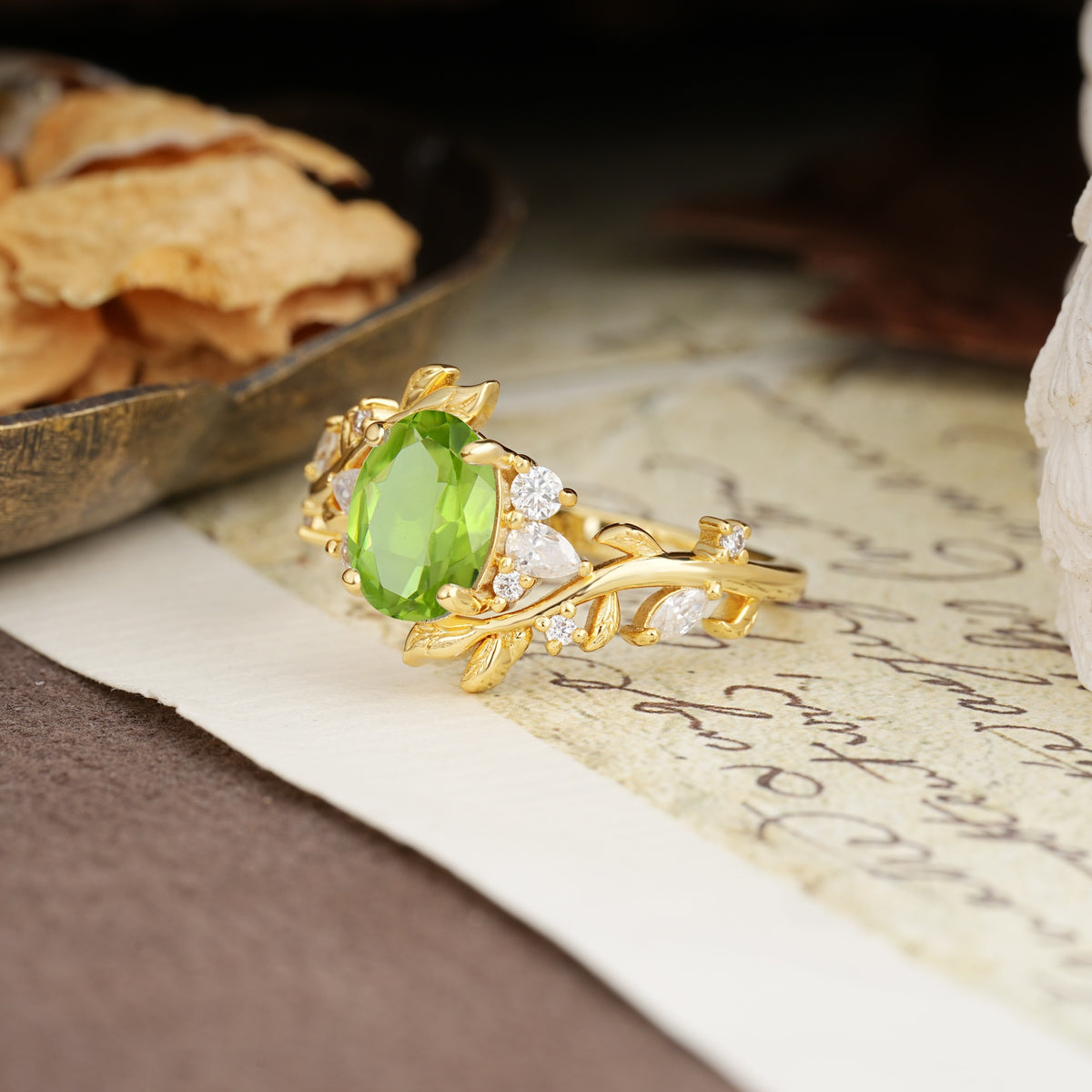 Nature-Inspired Unique Aphrodite's Garden Oval Cut Peridot Engagement Ring | RamaSoul - Additional view
