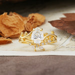 Nature-Inspired Unique Aphrodite's Garden Pear-Cut Moissanite Bridal Ring Set | RamaSoul - Yellow-Gold