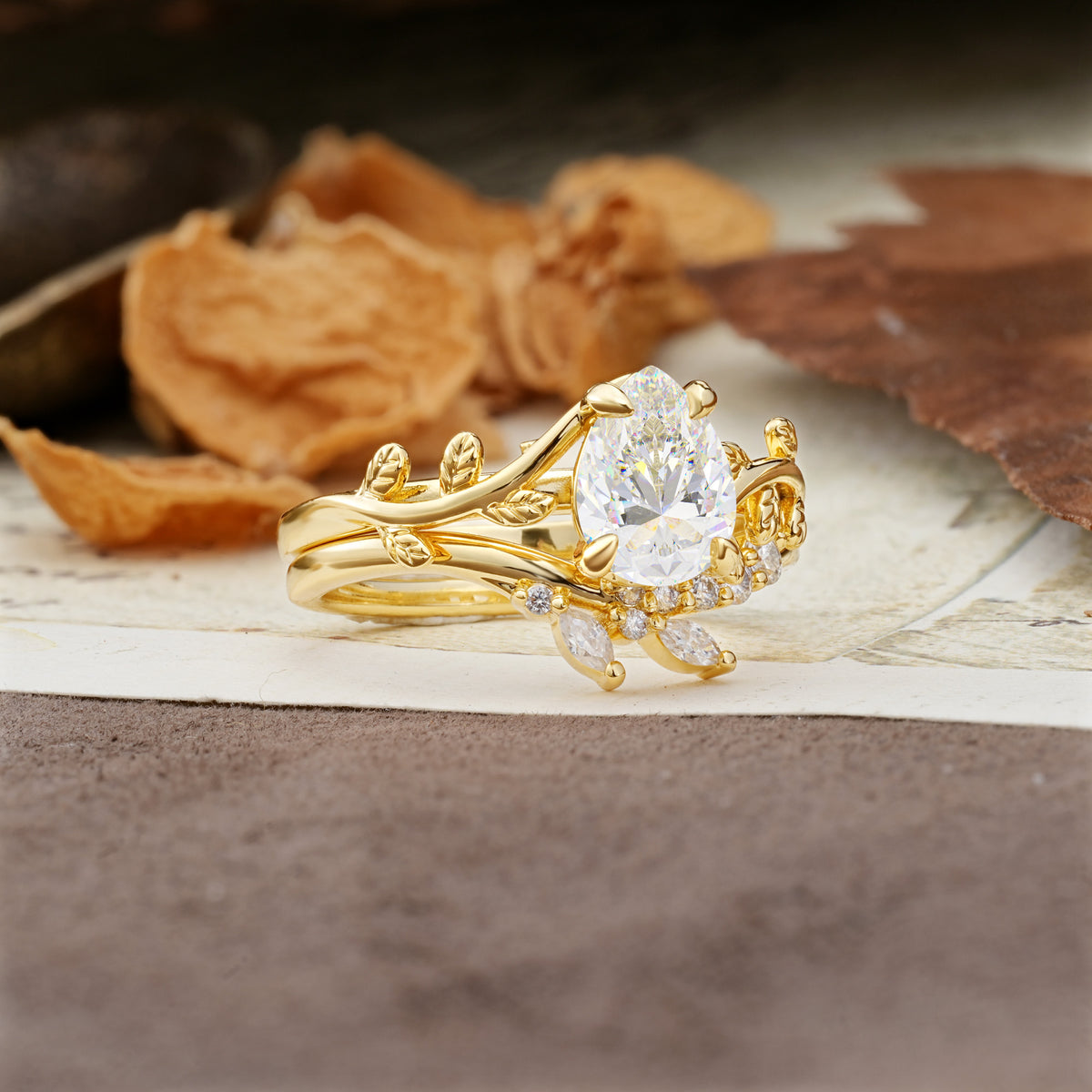 Nature-Inspired Unique Aphrodite's Garden Pear-Cut Moissanite Bridal Ring Set | RamaSoul - Rose-Gold