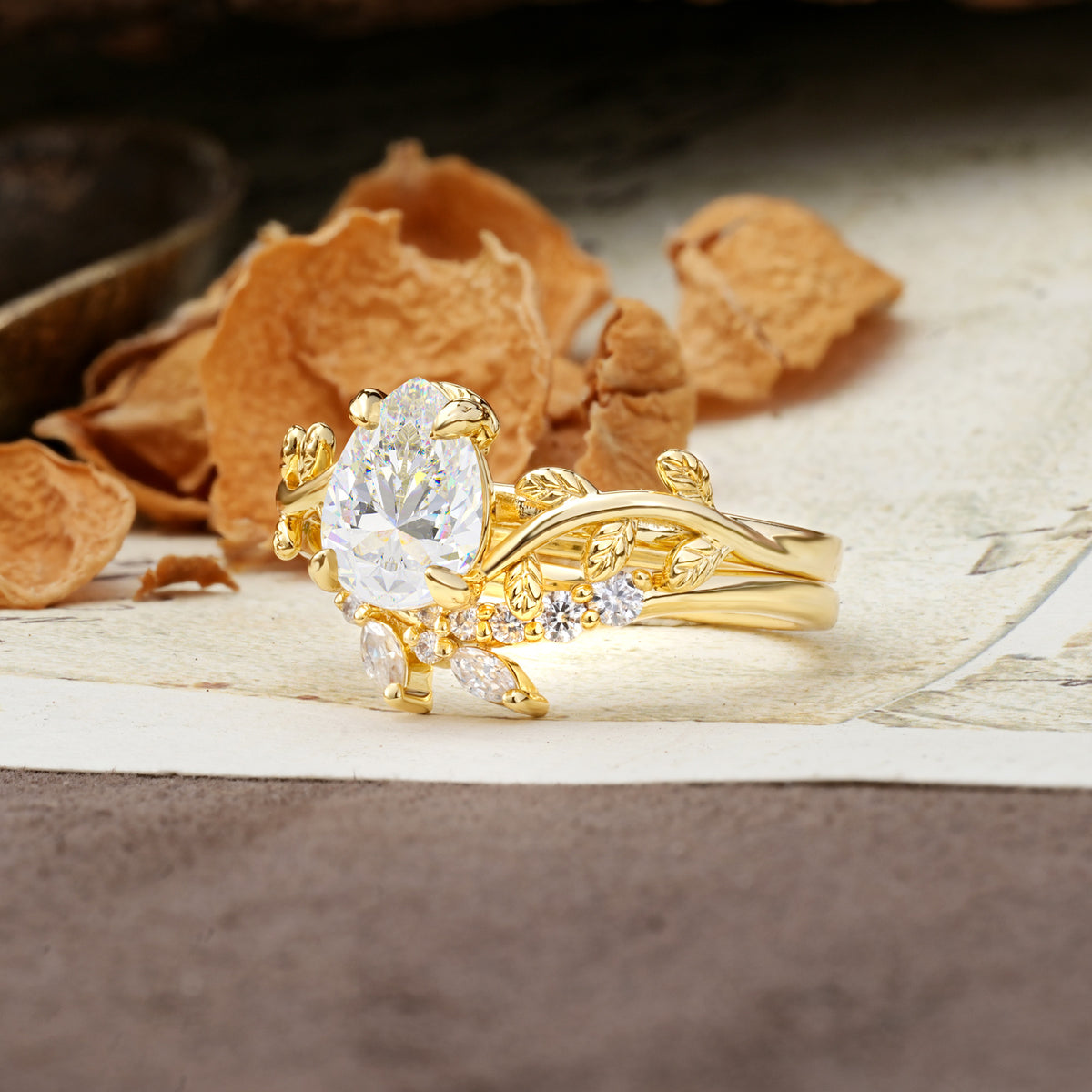 Nature-Inspired Unique Aphrodite's Garden Pear-Cut Moissanite Bridal Ring Set | RamaSoul - White-Gold