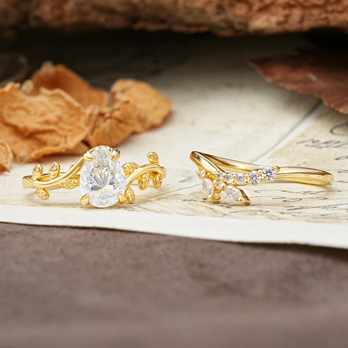 Nature-Inspired Unique Aphrodite's Garden Pear-Cut Moissanite Bridal Ring Set | RamaSoul - Additional view