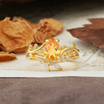 Nature-Inspired Unique Aphrodite's Garden Pear-Cut Citrine Bridal Ring Set | RamaSoul - Yellow-Gold