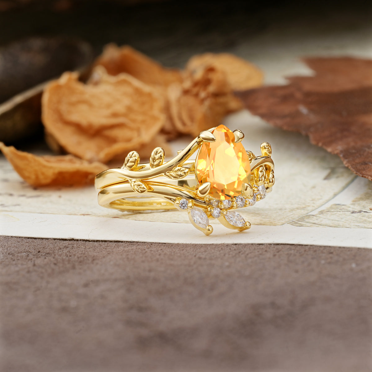 Nature-Inspired Unique Aphrodite's Garden Pear-Cut Citrine Bridal Ring Set | RamaSoul - Rose-Gold