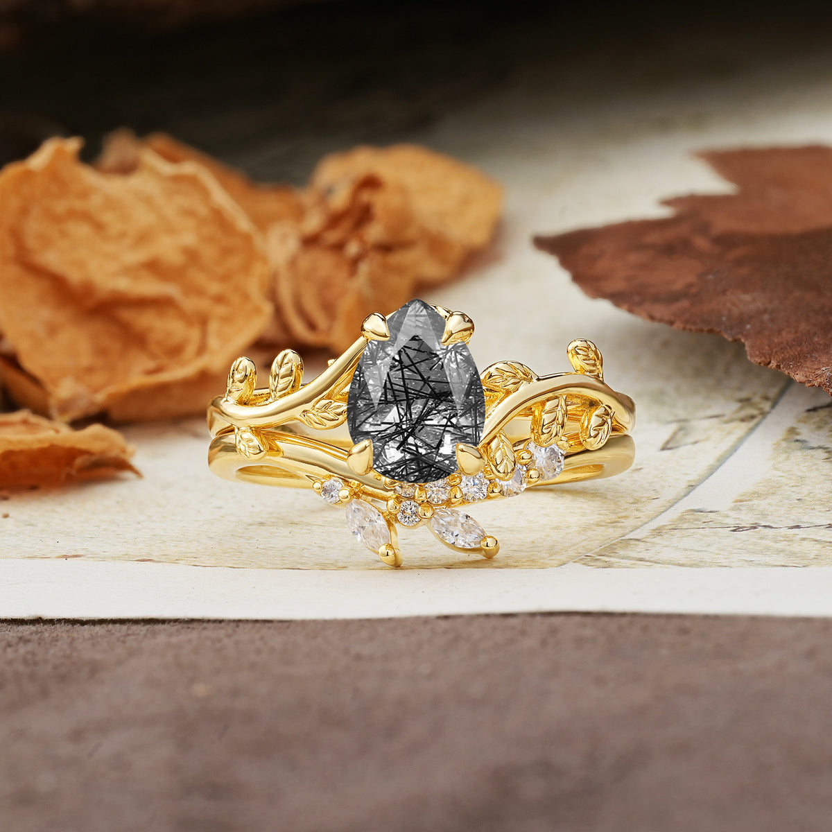 Nature-Inspired Unique Aphrodite's Garden Pear-Cut Black Rutilated Quartz Bridal Ring Set | RamaSoul - Yellow-Gold