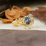 Nature-Inspired Unique Aphrodite's Garden Pear-Cut Black Rutilated Quartz Bridal Ring Set | RamaSoul - Rose-Gold