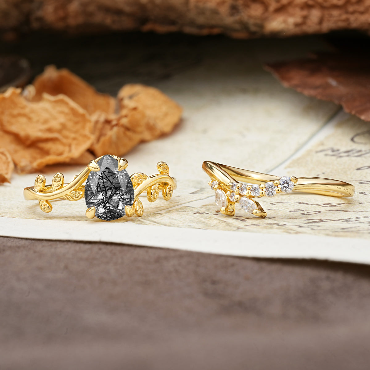 Nature-Inspired Unique Aphrodite's Garden Pear-Cut Black Rutilated Quartz Bridal Ring Set | RamaSoul - Additional view