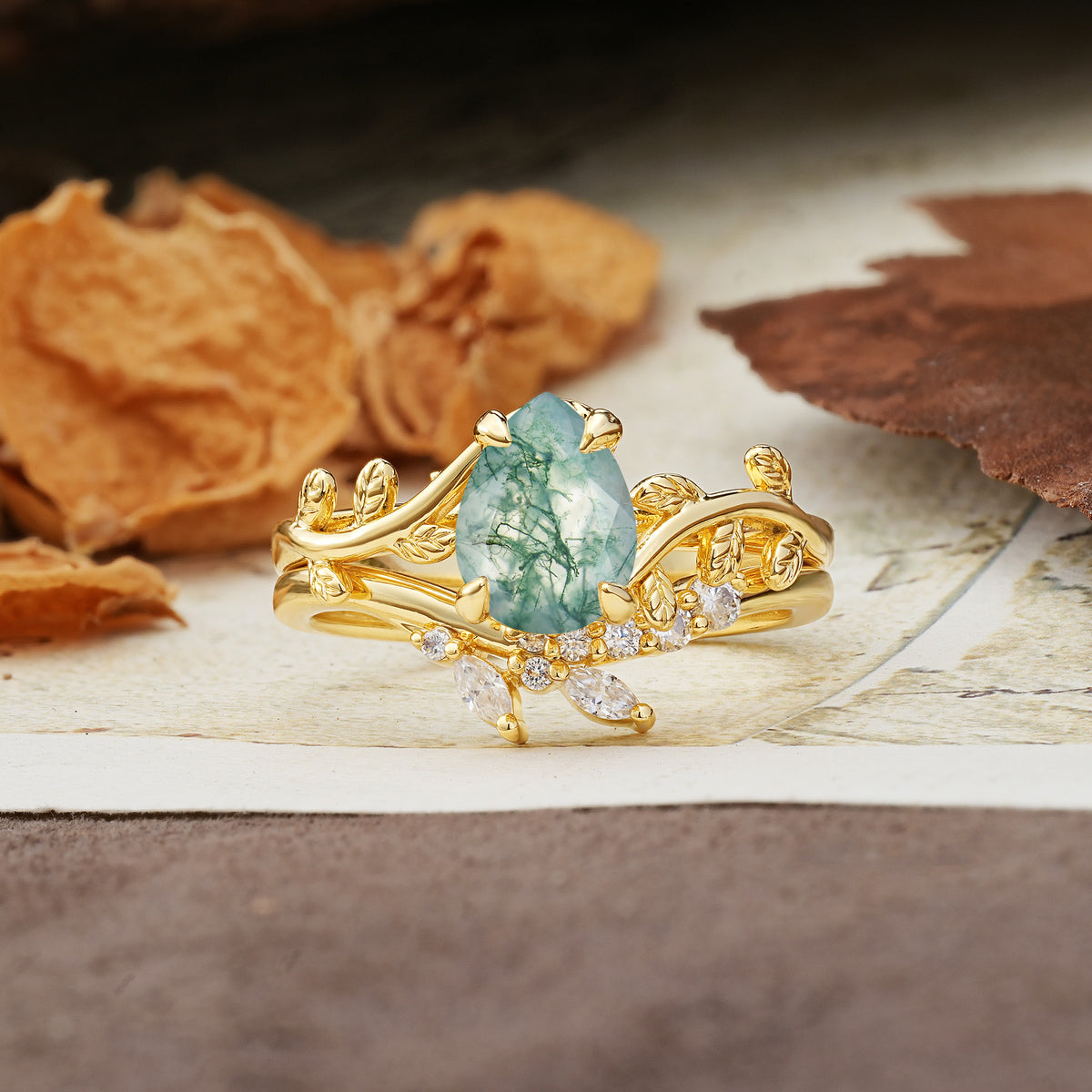 Nature-Inspired Unique Aphrodite's Garden Pear-Cut Moss Agate Bridal Ring Set | RamaSoul - Yellow-Gold