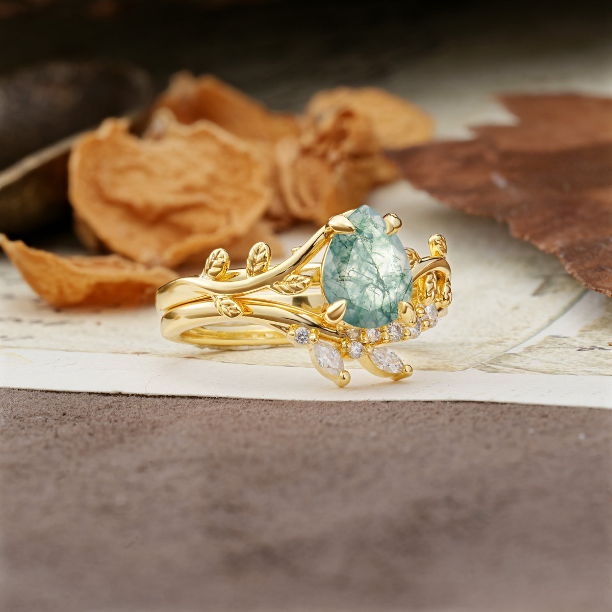 Nature-Inspired Unique Aphrodite's Garden Pear-Cut Moss Agate Bridal Ring Set | RamaSoul - Rose-Gold