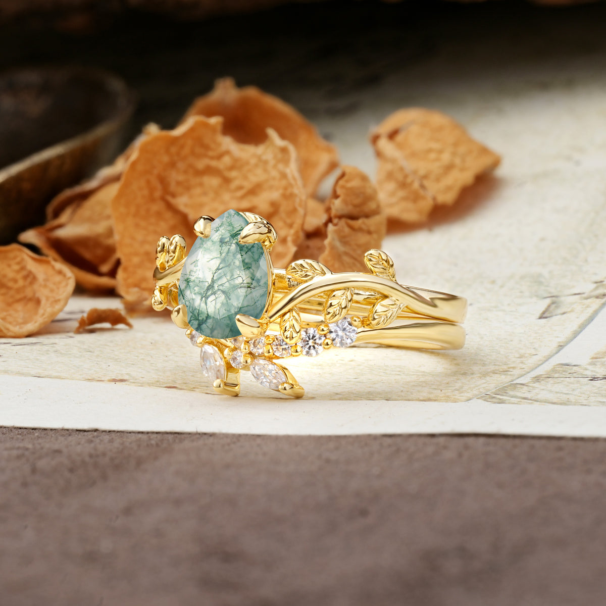 Nature-Inspired Unique Aphrodite's Garden Pear-Cut Moss Agate Bridal Ring Set | RamaSoul - White-Gold