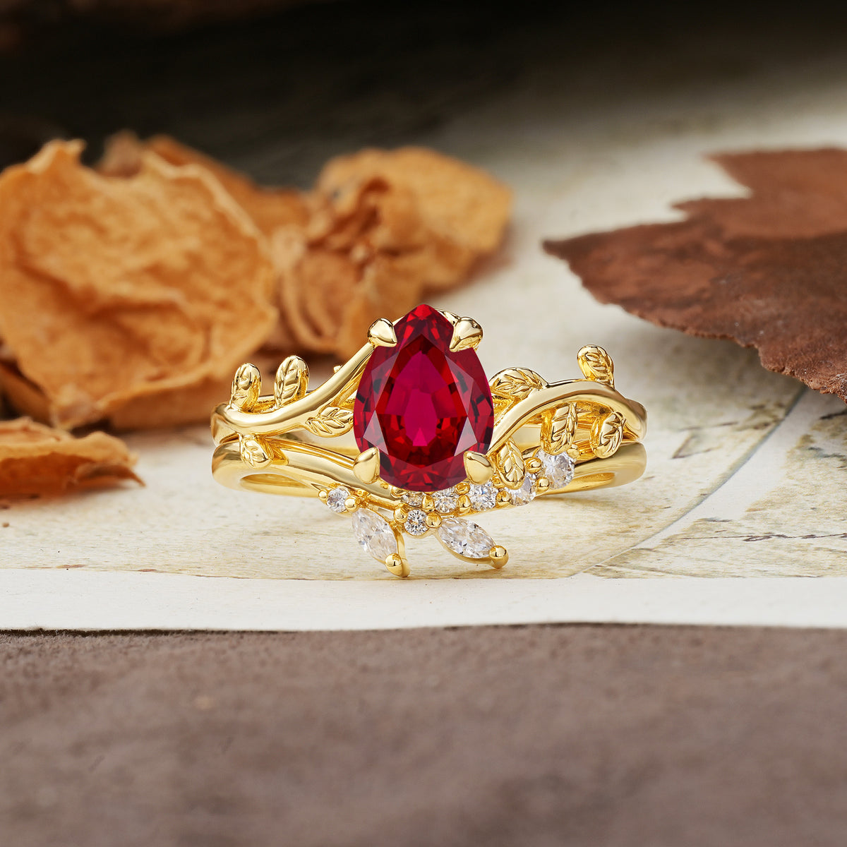 Nature-Inspired Unique Aphrodite's Garden Pear-Cut Ruby Bridal Ring Set | RamaSoul - Yellow-Gold