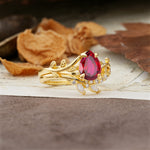 Nature-Inspired Unique Aphrodite's Garden Pear-Cut Ruby Bridal Ring Set | RamaSoul - Rose-Gold