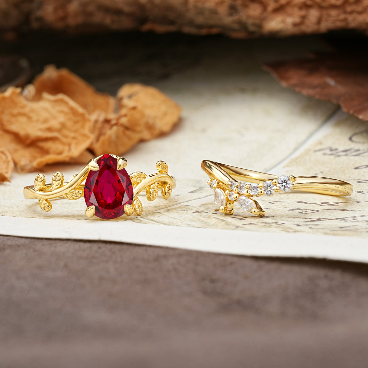 Nature-Inspired Unique Aphrodite's Garden Pear-Cut Ruby Bridal Ring Set | RamaSoul - Additional view