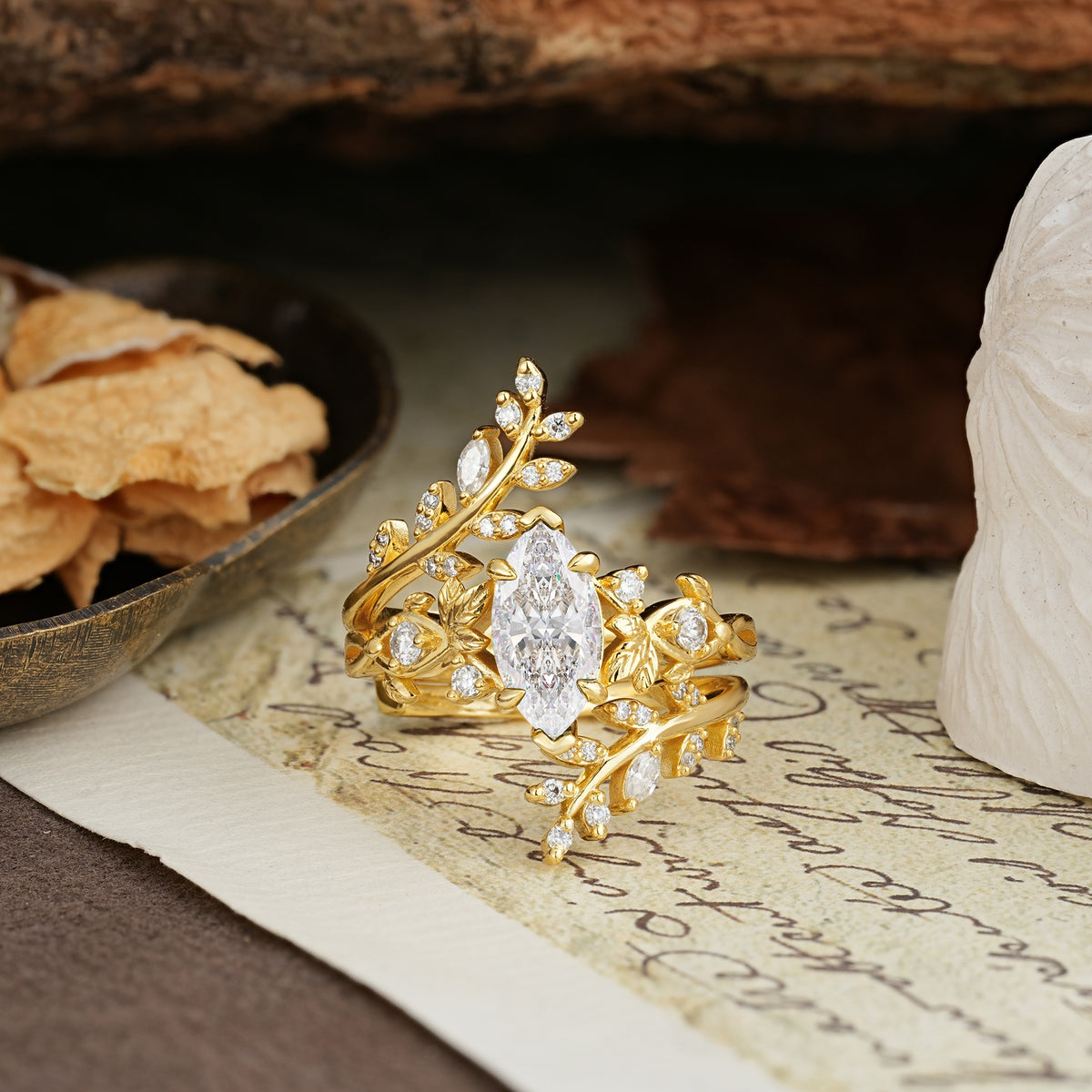 Nature-Inspired Unique Aphrodite's Garden Marquise-Cut Moissanite Emerald LeafAphrodite's Bridal Ring Set | RamaSoul - Yellow-Gold