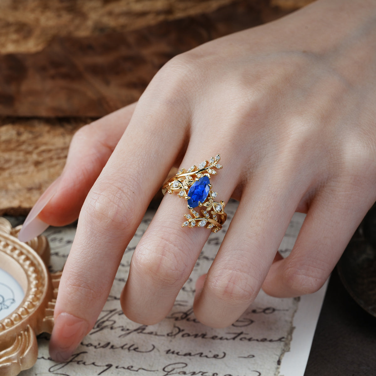 Nature-Inspired Unique Aphrodite's Garden Marquise-Cut Sapphire Emerald LeafAphrodite's Bridal Ring Set | RamaSoul