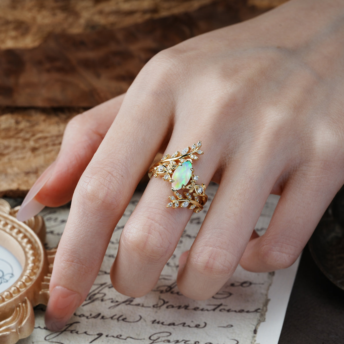 Nature-Inspired Unique Aphrodite's Garden Marquise-Cut Fire Opal Emerald LeafAphrodite's Bridal Ring Set | RamaSoul