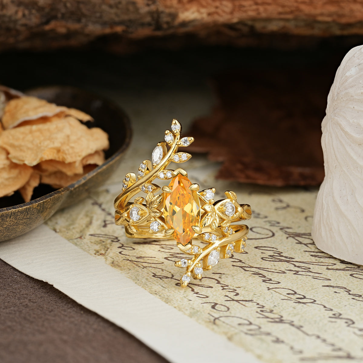 Nature-Inspired Unique Aphrodite's Garden Marquise-Cut Citrine Emerald LeafAphrodite's Bridal Ring Set | RamaSoul - Yellow-Gold