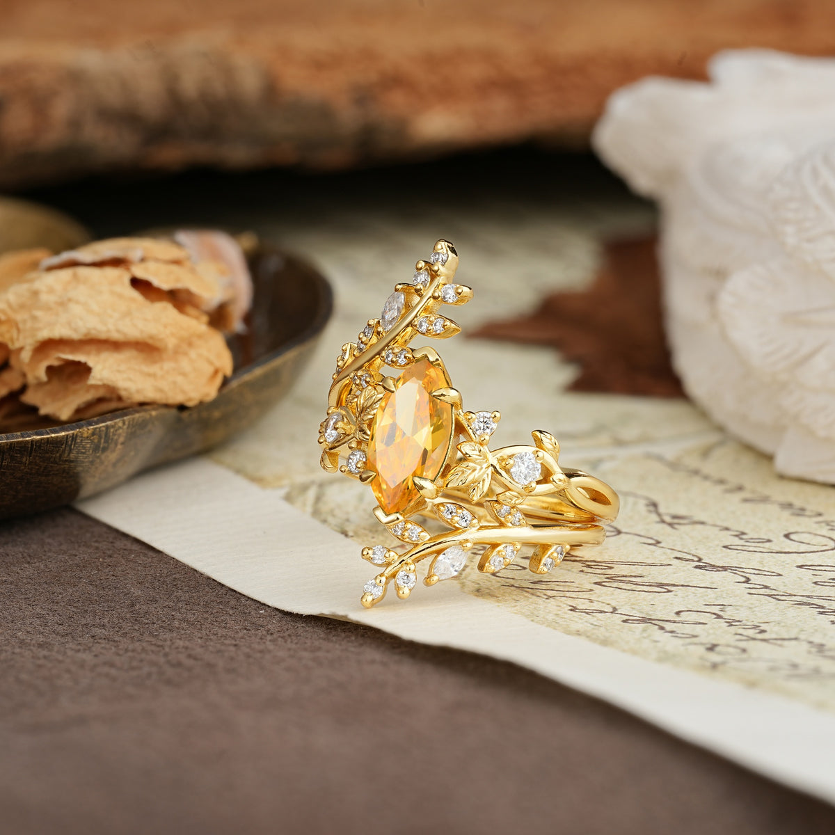 Nature-Inspired Unique Aphrodite's Garden Marquise-Cut Citrine Emerald LeafAphrodite's Bridal Ring Set | RamaSoul - Rose-Gold