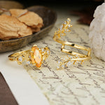 Nature-Inspired Unique Aphrodite's Garden Marquise-Cut Citrine Emerald LeafAphrodite's Bridal Ring Set | RamaSoul - White-Gold
