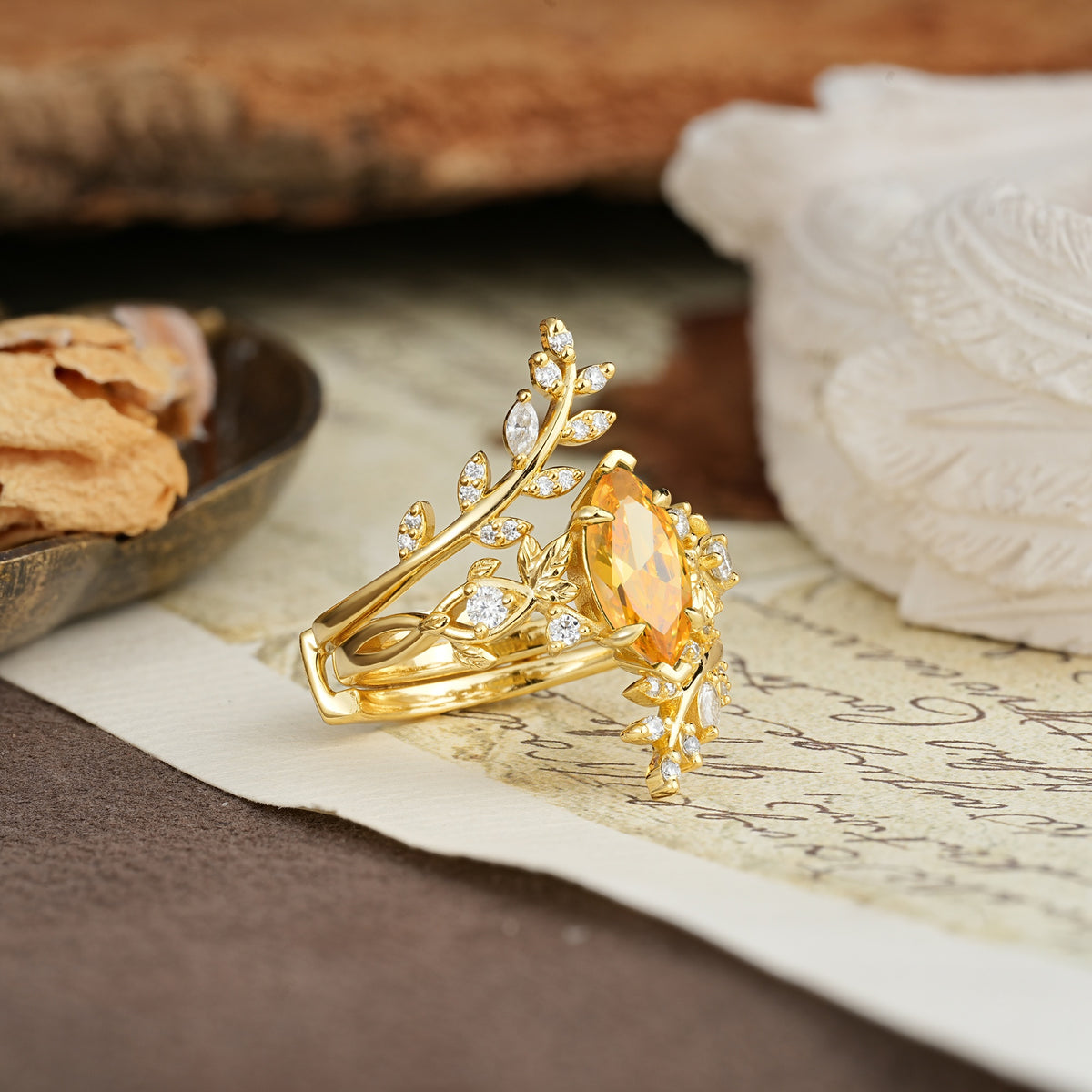Nature-Inspired Unique Aphrodite's Garden Marquise-Cut Citrine Emerald LeafAphrodite's Bridal Ring Set | RamaSoul - Additional view
