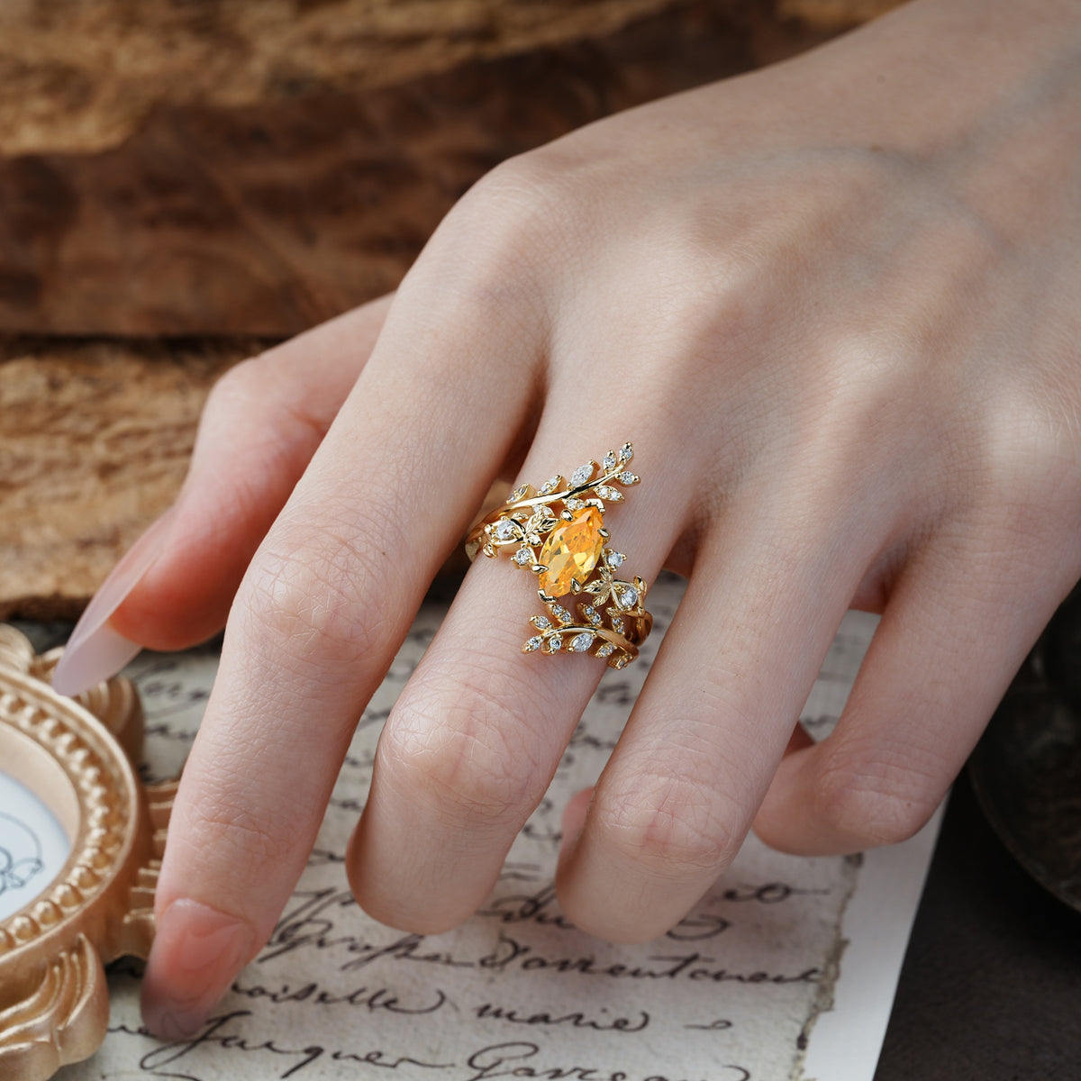 Nature-Inspired Unique Aphrodite's Garden Marquise-Cut Citrine Emerald LeafAphrodite's Bridal Ring Set | RamaSoul