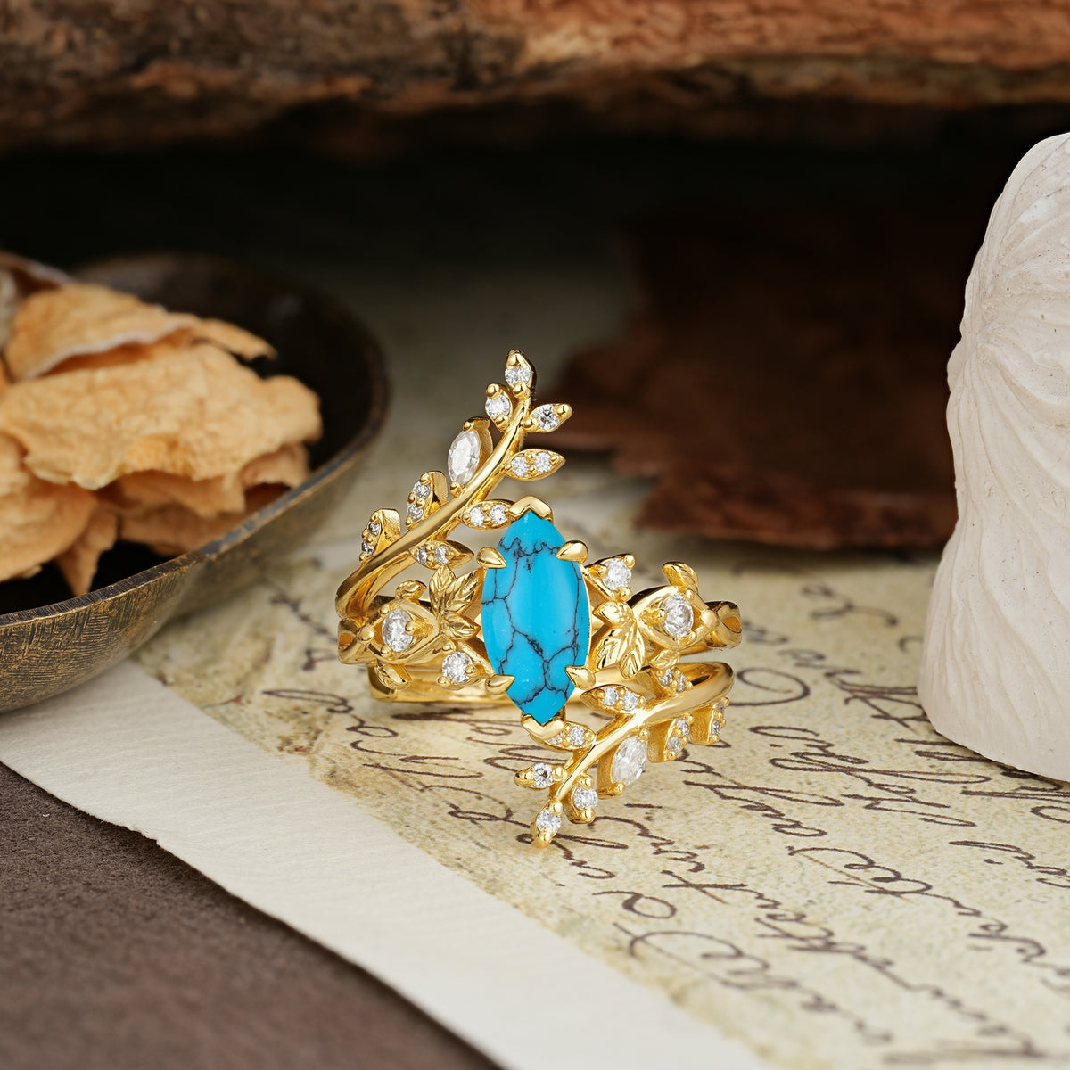 Nature-Inspired Unique Aphrodite's Garden Marquise-Cut Turquoise Emerald LeafAphrodite's Bridal Ring Set | RamaSoul - Yellow-Gold