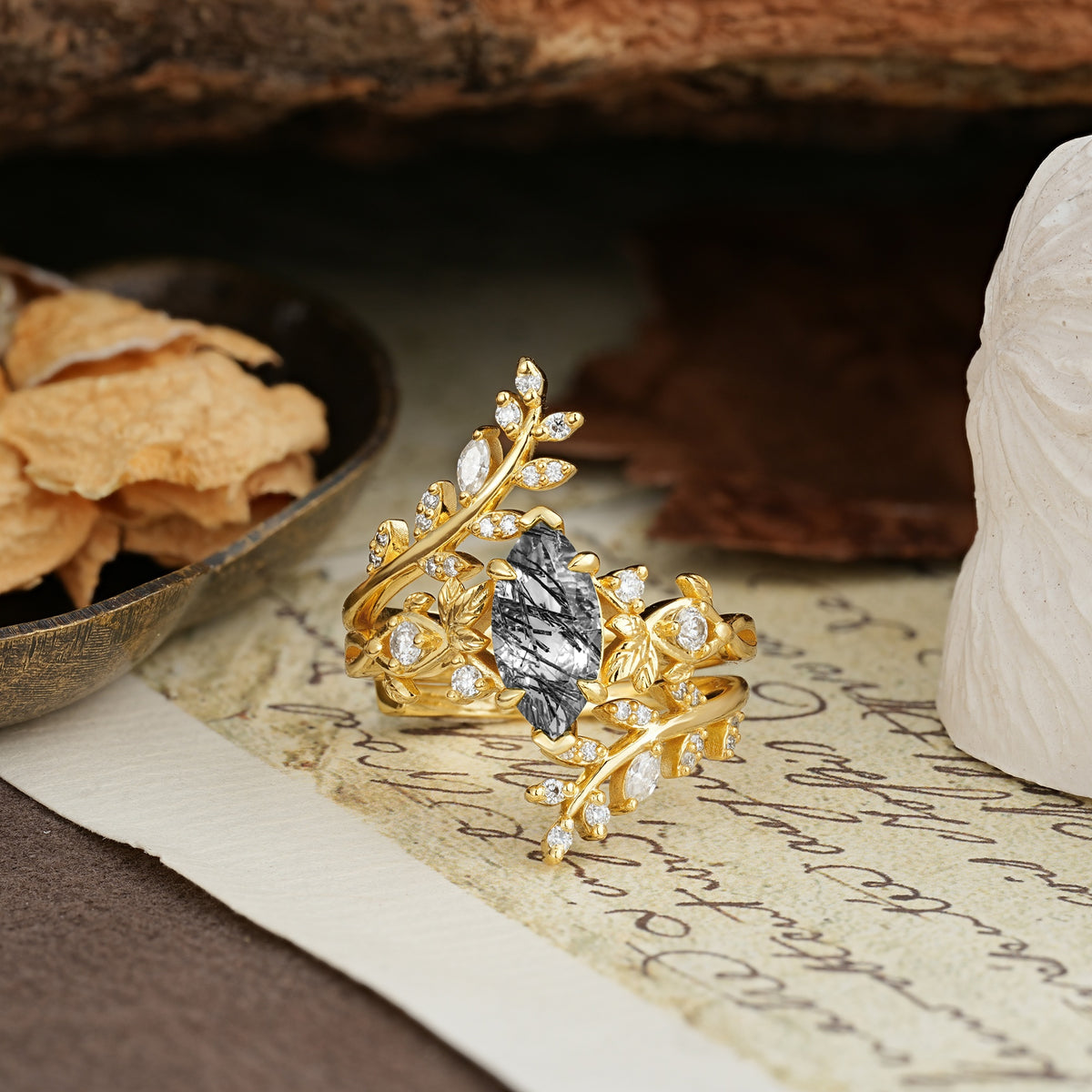 Nature-Inspired Unique Aphrodite's Garden Marquise-Cut Black Rutilated Quartz Emerald LeafAphrodite's Bridal Ring Set | RamaSoul - Yellow-Gold