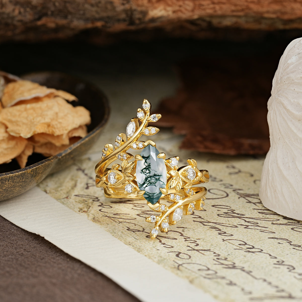 Nature-Inspired Unique Aphrodite's Garden Marquise-Cut Moss Agate Emerald LeafAphrodite's Bridal Ring Set | RamaSoul - Yellow-Gold