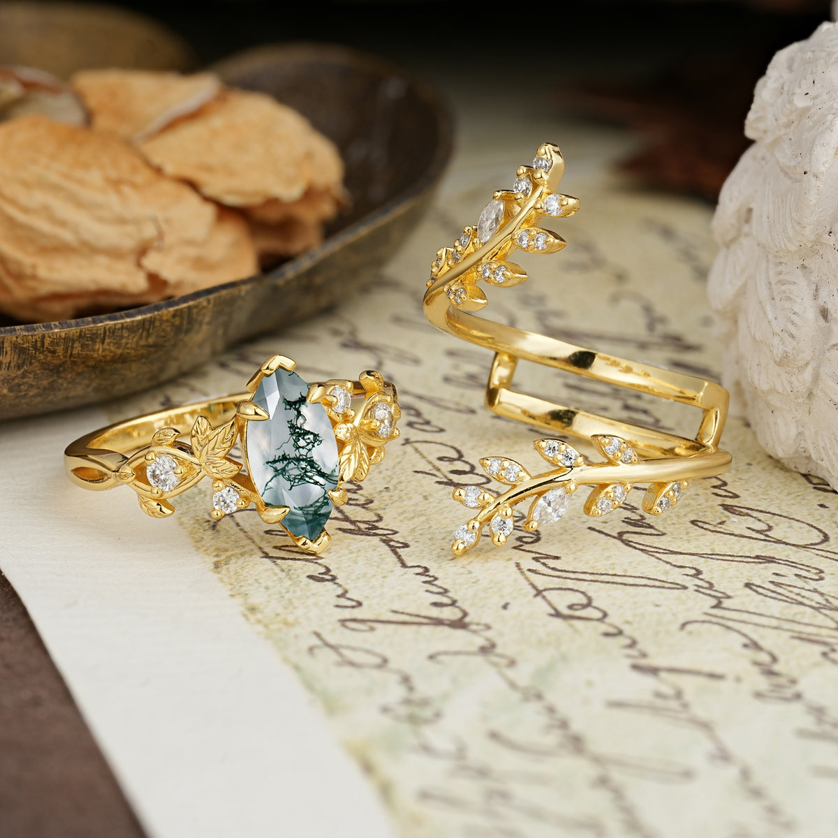Nature-Inspired Unique Aphrodite's Garden Marquise-Cut Moss Agate Emerald LeafAphrodite's Bridal Ring Set | RamaSoul - White-Gold