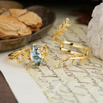 Nature-Inspired Unique Aphrodite's Garden Marquise-Cut Moss Agate Emerald LeafAphrodite's Bridal Ring Set | RamaSoul - White-Gold