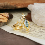 Nature-Inspired Unique Aphrodite's Garden Marquise-Cut Moss Agate Emerald LeafAphrodite's Bridal Ring Set | RamaSoul - Additional view