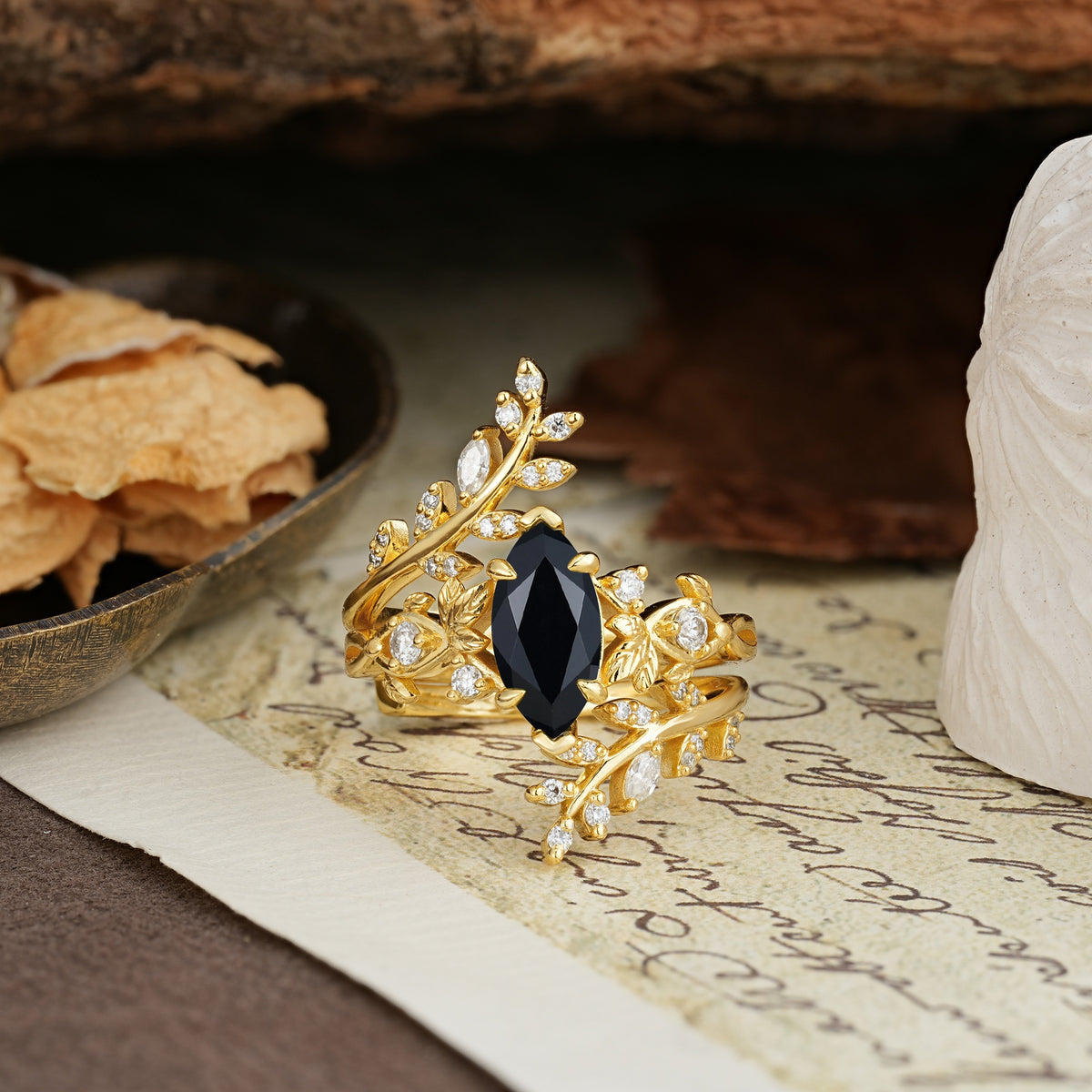 Nature-Inspired Unique Aphrodite's Garden Marquise-Cut Black Onyx Emerald LeafAphrodite's Bridal Ring Set | RamaSoul - Yellow-Gold