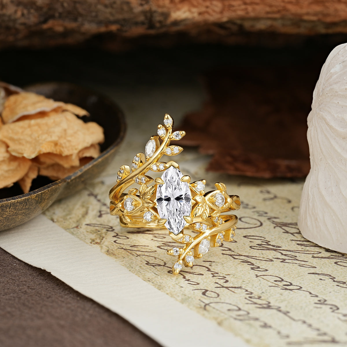 Nature-Inspired Unique Aphrodite's Garden Marquise-Cut Lab Diamond Emerald LeafAphrodite's Bridal Ring Set | RamaSoul - Yellow-Gold