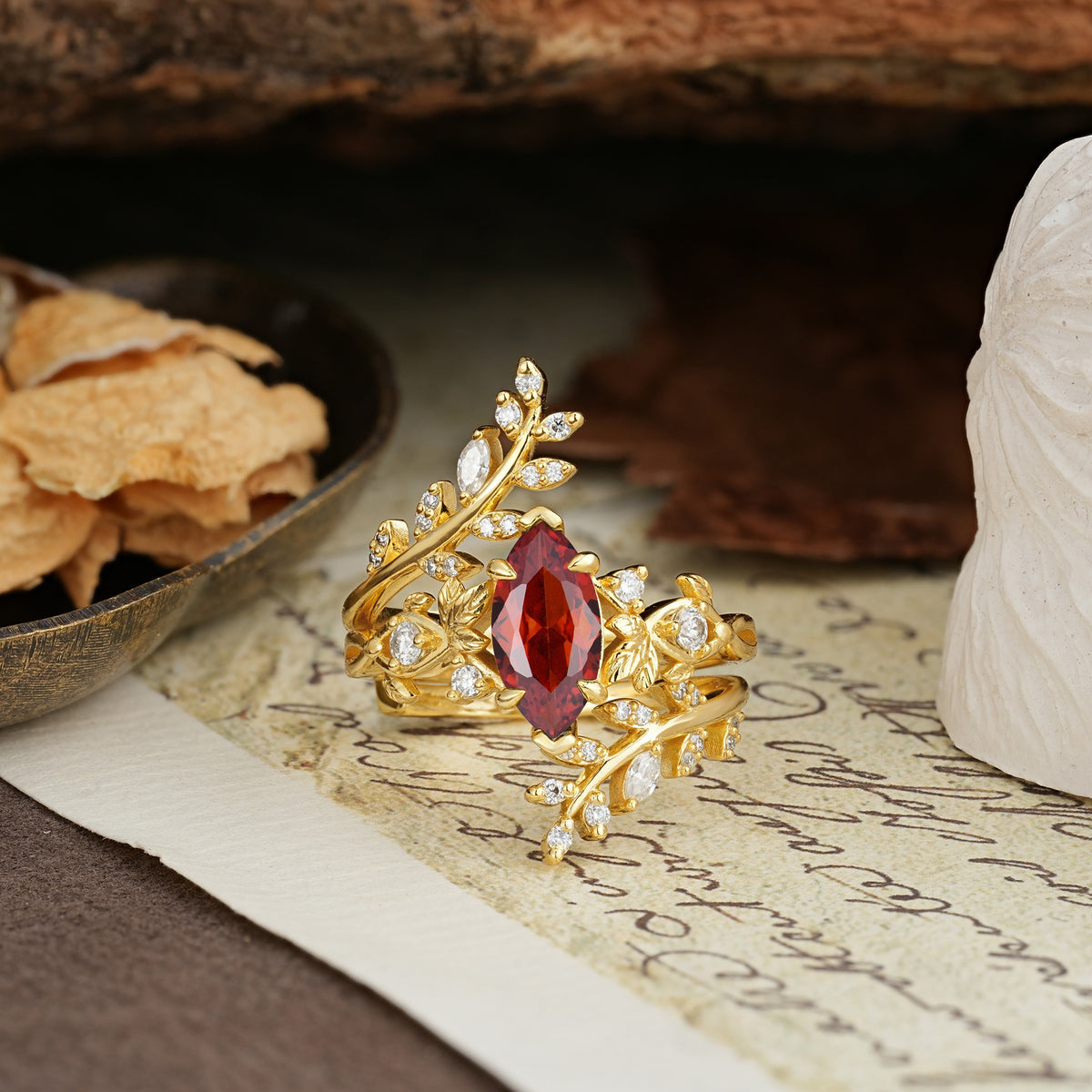 Nature-Inspired Unique Aphrodite's Garden Marquise-Cut Garnet Emerald LeafAphrodite's Bridal Ring Set | RamaSoul - Yellow-Gold