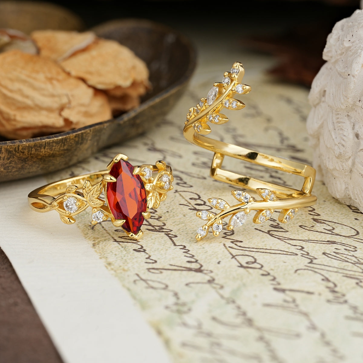 Nature-Inspired Unique Aphrodite's Garden Marquise-Cut Garnet Emerald LeafAphrodite's Bridal Ring Set | RamaSoul - White-Gold