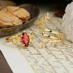 Nature-Inspired Unique Aphrodite's Garden Marquise-Cut Garnet Emerald LeafAphrodite's Bridal Ring Set | RamaSoul - White-Gold