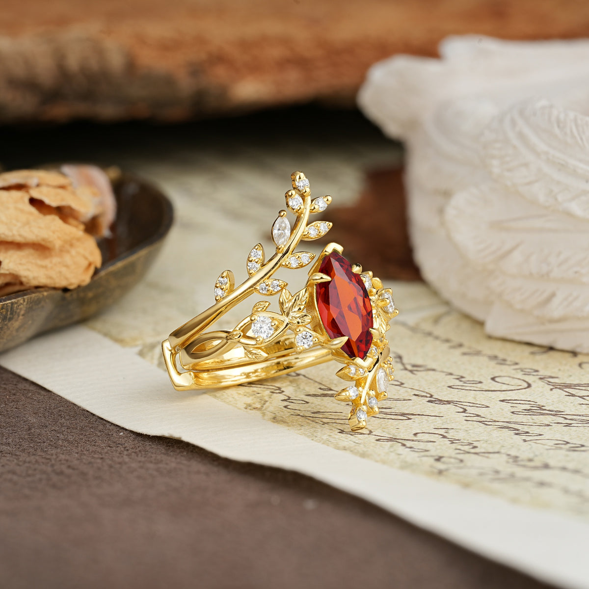 Nature-Inspired Unique Aphrodite's Garden Marquise-Cut Garnet Emerald LeafAphrodite's Bridal Ring Set | RamaSoul - Additional view