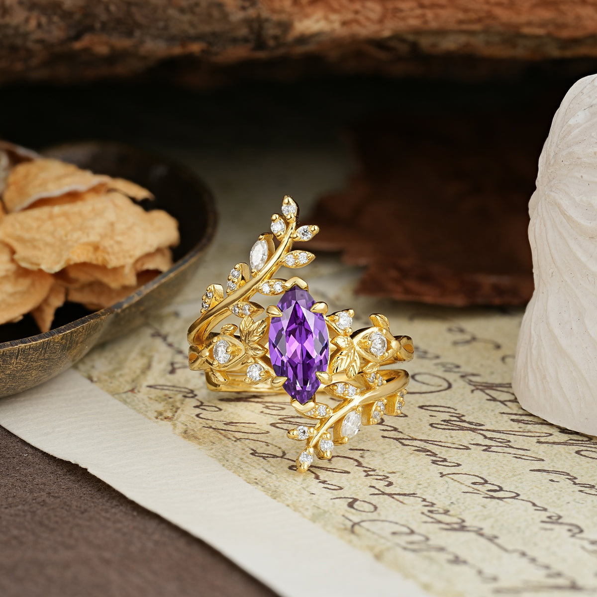Nature-Inspired Unique Aphrodite's Garden Marquise-Cut Amethyst Emerald LeafAphrodite's Bridal Ring Set | RamaSoul - Yellow-Gold