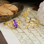 Nature-Inspired Unique Aphrodite's Garden Marquise-Cut Amethyst Emerald LeafAphrodite's Bridal Ring Set | RamaSoul - White-Gold