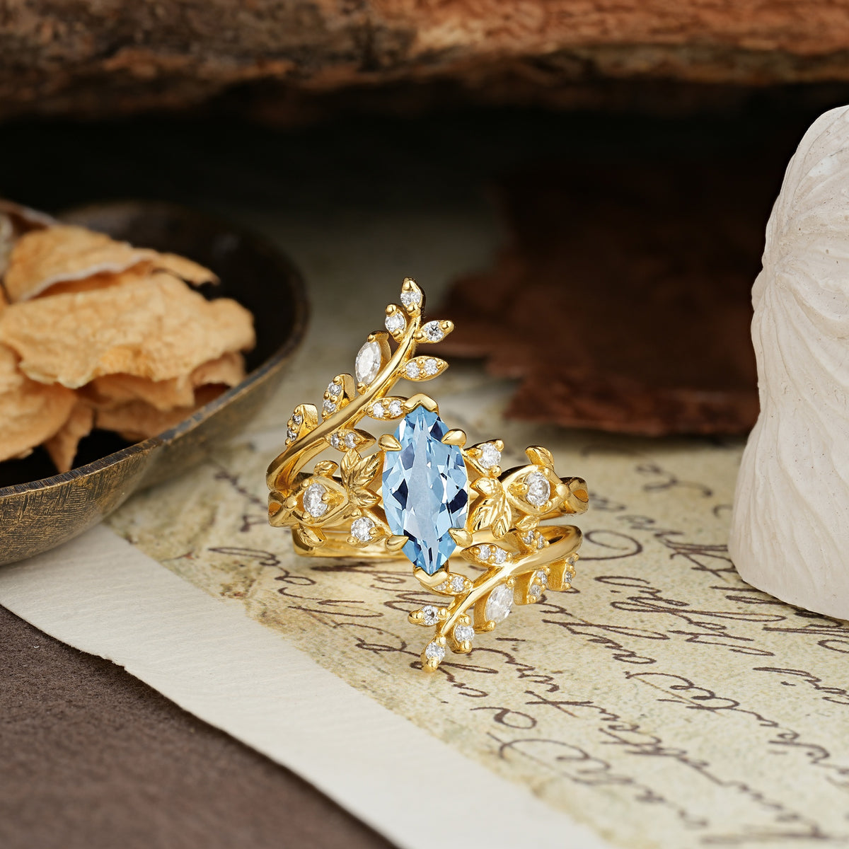 Nature-Inspired Unique Aphrodite's Garden Marquise-Cut Aquamarine Emerald LeafAphrodite's Bridal Ring Set | RamaSoul - Yellow-Gold