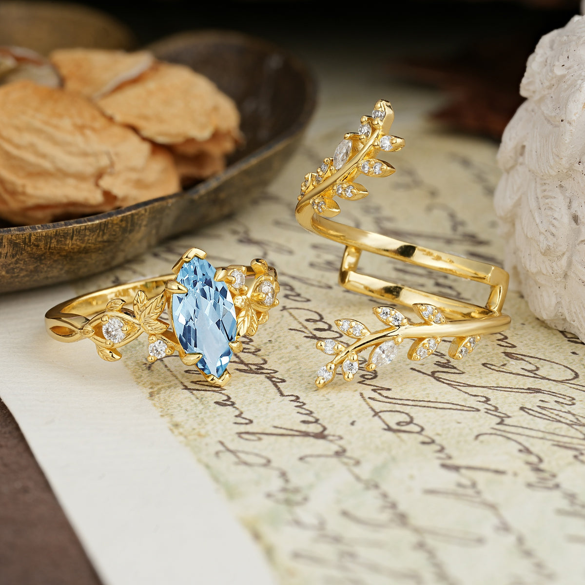 Nature-Inspired Unique Aphrodite's Garden Marquise-Cut Aquamarine Emerald LeafAphrodite's Bridal Ring Set | RamaSoul - White-Gold